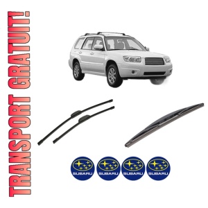 Set 3 stergatoare SUBARU FORESTER (SH_) din 2008-2013, pentru parbriz si luneta fata si spate auto, Bosch Twin-Aerotwin Retrofit, din cauciuc siliconat rezistent, 4 Stickere Auto SUBARU