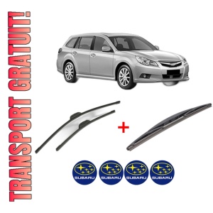 Set 3 stergatoare SUBARU LEGACY V Estate (BR) din 2009 - 2014, pentru parbriz si luneta fata si spate auto, Bosch Twin, din cauciuc siliconat rezistent, 4 Stickere Auto SUBARU