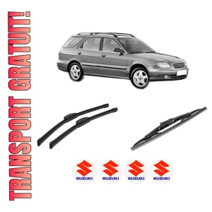 Set 3 stergatoare SUZUKI BALENO Estate (EG) din 1996-2002, pentru parbriz si luneta fata si spate auto, Bosch Twin-Aerotwin Retrofit, din cauciuc siliconat rezistent, 4 Stickere Auto SUZUKI