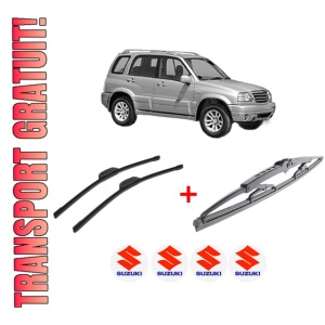 Set 3 stergatoare SUZUKI GRAND VITARA I (FT, HT) din 1998 - 2005, pentru parbriz si luneta fata si spate auto, Bosch Twin, din cauciuc siliconat rezistent, 4 Stickere Auto SUZUKI