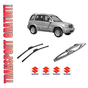 Set 3 stergatoare SUZUKI GRAND VITARA I (FT, HT) din 1998-2005, pentru parbriz si luneta fata si spate auto, Bosch Twin-Aerotwin Retrofit, din cauciuc siliconat rezistent, 4 Stickere Auto SUZUKI