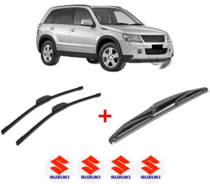 Set 3 stergatoare SUZUKI GRAND VITARA II (JT, TE, TD) din 2005 - 2015, pentru parbriz si luneta fata si spate auto, Bosch Twin, din cauciuc siliconat rezistent, 4 Stickere Auto SUZUKI v4296