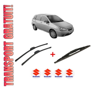 Set 3 stergatoare SUZUKI LIANA Hatchback din 2001 - 2007, pentru parbriz si luneta fata si spate auto, Bosch Twin, din cauciuc siliconat rezistent, 4 Stickere Auto SUZUKI