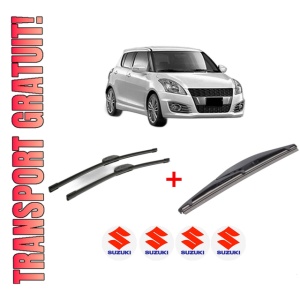 Set 3 stergatoare SUZUKI SWIFT IV (FZ, NZ) din 2010, pentru parbriz si luneta fata si spate auto, Bosch Twin, din cauciuc siliconat rezistent, 4 Stickere Auto SUZUKI