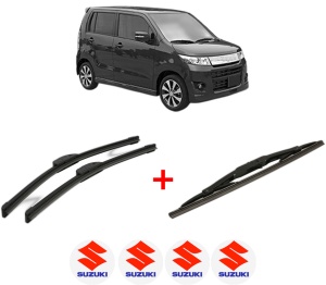 Set 3 stergatoare SUZUKI WAGON R (MH21, MH22) din 2003 - 2005, pentru parbriz si luneta fata si spate auto, Bosch Twin, din cauciuc siliconat rezistent, 4 Stickere Auto SUZUKI v10001