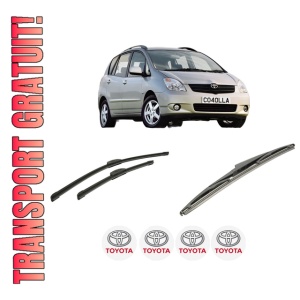 Set 3 stergatoare TOYOTA COROLLA Verso (_E12_) din 2001-2004, pentru parbriz si luneta fata si spate auto, Bosch Twin-Aerotwin Retrofit, din cauciuc siliconat rezistent, 4 Stickere Auto TOYOTA