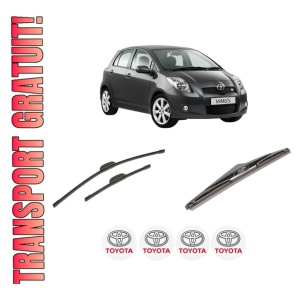 Set 3 stergatoare TOYOTA YARIS (_P9_) din 2005-2014, pentru parbriz si luneta fata si spate auto, Bosch Twin-Aerotwin Retrofit, din cauciuc siliconat rezistent, 4 Stickere Auto TOYOTA