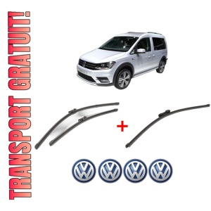 Set 3 stergatoare Volkswagen CADDY ALLTRACK IV MPV (SAB) din 2015 - 2020, pentru parbriz si luneta fata si spate auto, Valeo Silencio Xtrm, din cauciuc siliconat rezistent, 4 Stickere Auto VW