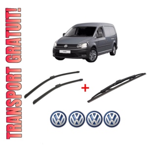 Set 3 stergatoare Volkswagen CADDY III Box Body/MPV (2KA, 2KH, 2CA, 2CH) din 2004 - 2015, pentru parbriz si luneta fata si spate auto, Bosch Twin, din cauciuc siliconat rezistent, 4 Stickere Auto VW