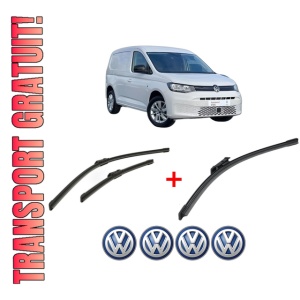 Set 3 stergatoare Volkswagen CADDY V MPV (SBB, SBJ) din 2020 - 2024, pentru parbriz si luneta fata si spate auto, Bosch Aerotwin, din cauciuc siliconat rezistent, 4 Stickere Auto VW