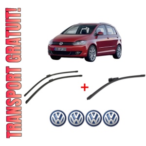 Set 3 stergatoare Volkswagen GOLF PLUS Van (521) din 2009 - 2014, pentru parbriz si luneta fata si spate auto, Bosch Aerotwin, din cauciuc siliconat rezistent, 4 Stickere Auto VW