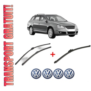 Set 3 stergatoare Volkswagen GOLF V Variant (1K5) din 2007 - 2009, pentru parbriz si luneta fata si spate auto, Valeo Silencio Xtrm, din cauciuc siliconat rezistent, 4 Stickere Auto VW