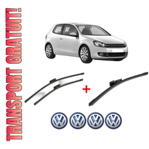 Set 3 stergatoare Volkswagen GOLF VI (5K1) din 2008 - 2013, pentru parbriz si luneta fata si spate auto, Bosch Aerotwin, din cauciuc siliconat rezistent, 4 Stickere Auto VW