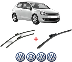 Set 3 stergatoare Volkswagen GOLF VI (5K1) din 2008 - 2013, pentru parbriz si luneta fata si spate auto, Bosch Aerotwin, din cauciuc siliconat rezistent, 4 Stickere Auto VW v6101