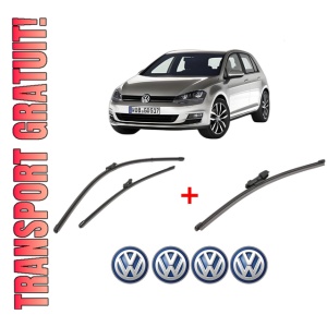 Set 3 stergatoare Volkswagen GOLF VII Van (5G1) din 2012 - 2017, pentru parbriz si luneta fata si spate auto, Valeo Silencio Xtrm, din cauciuc siliconat rezistent, 4 Stickere Auto VW