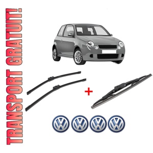 Set 3 stergatoare Volkswagen LUPO I (6X1, 6E1) din 1998 - 2005, pentru parbriz si luneta fata si spate auto, Bosch Twin, din cauciuc siliconat rezistent, 4 Stickere Auto VW