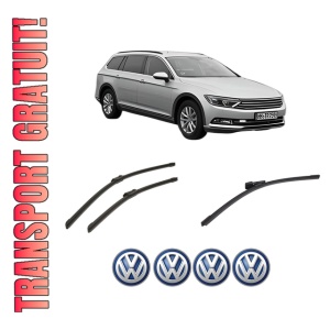 Set 3 stergatoare Volkswagen PASSAT ALLTRACK B8 Variant (3G5, CB5) din 2015-2024, pentru parbriz si luneta fata si spate auto, Bosch Aerotwin-Aerotwin, din cauciuc siliconat rezistent, 4 Stickere Auto Volkswagen