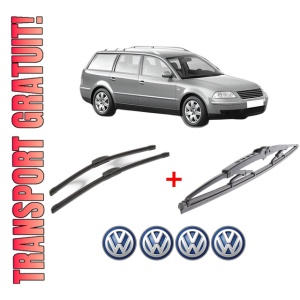 Set 3 stergatoare Volkswagen PASSAT B5.5 Variant (3B6) din 2000 - 2005, pentru parbriz si luneta fata si spate auto, Bosch Twin, din cauciuc siliconat rezistent, 4 Stickere Auto VW