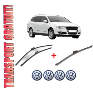 Set 3 stergatoare Volkswagen PASSAT B6 Variant (3C5) din 2005 - 2011, pentru parbriz si luneta fata si spate auto, Valeo Silencio Xtrm, din cauciuc siliconat rezistent, 4 Stickere Auto VW