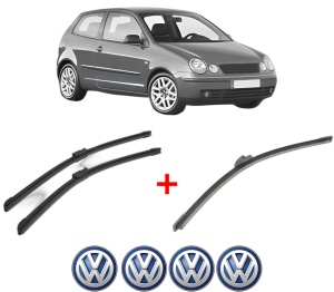 Set 3 stergatoare Volkswagen POLO IV (9N_, 9A_) din 2001 - 2009, pentru parbriz si luneta fata si spate auto, Bosch Aerotwin, din cauciuc siliconat rezistent, 4 Stickere Auto VW v7181