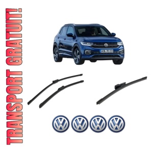 Set 3 stergatoare Volkswagen T-CROSS (C11, D31) din 2018-2020, pentru parbriz si luneta fata si spate auto, Bosch Aerotwin-Aerotwin, din cauciuc siliconat rezistent, 4 Stickere Auto Volkswagen