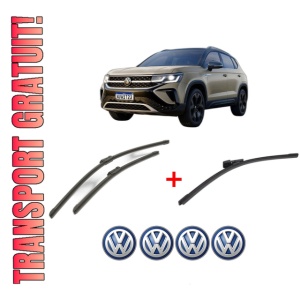 Set 3 stergatoare Volkswagen TAOS (CL1, CP1, CQ1) din 2020, pentru parbriz si luneta fata si spate auto, Bosch Aerotwin, din cauciuc siliconat rezistent, 4 Stickere Auto VW