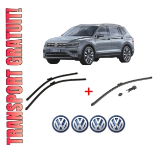 Set 3 stergatoare Volkswagen TIGUAN ALLSPACE (BW2, BJ2) din 2017 - 2021, pentru parbriz si luneta fata si spate auto, Valeo HydroConnect, din cauciuc siliconat rezistent, 4 Stickere Auto VW
