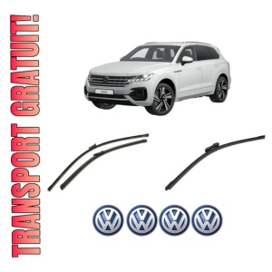 Set 3 stergatoare Volkswagen TOUAREG (CR7, RC8) din 2017-2023, pentru parbriz si luneta fata si spate auto, Bosch Aerotwin-Aerotwin, din cauciuc siliconat rezistent, 4 Stickere Auto Volkswagen