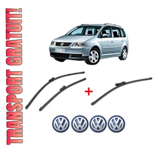 Set 3 stergatoare Volkswagen TOURAN (1T3) din 2010 - 2015, pentru parbriz si luneta fata si spate auto, Valeo Silencio Xtrm, din cauciuc siliconat rezistent, 4 Stickere Auto VW