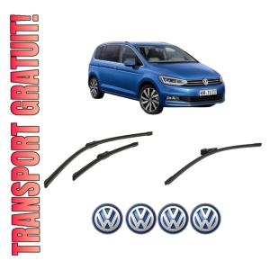 Set 3 stergatoare Volkswagen TOURAN (5T1) din 2015-2022, pentru parbriz si luneta fata si spate auto, Bosch Aerotwin-Aerotwin, din cauciuc siliconat rezistent, 4 Stickere Auto Volkswagen