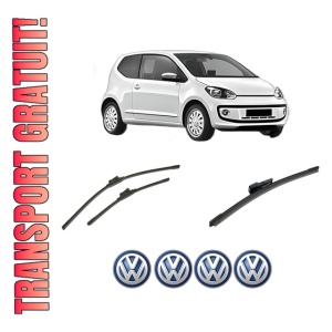 Set 3 stergatoare Volkswagen UP! (121, 122, BL1, BL2, BL3, 123) din 2011-2023, pentru parbriz si luneta fata si spate auto, Bosch Aerotwin-Aerotwin, din cauciuc siliconat rezistent, 4 Stickere Auto Volkswagen
