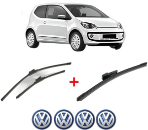 Set 3 stergatoare Volkswagen UP! (121, 122, BL1, BL2, BL3, 123) din 2011 - 2023, pentru parbriz si luneta fata si spate auto, Bosch Aerotwin, din cauciuc siliconat rezistent, 4 Stickere Auto VW v5201