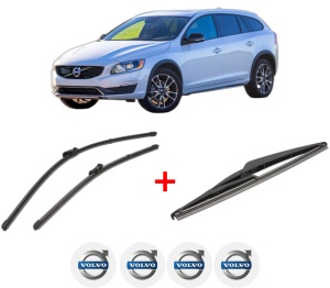 Set 3 stergatoare VOLVO V60 I Cross Country (157) din 2015 - 2018, pentru parbriz si luneta fata si spate auto, Valeo Silencio, din cauciuc siliconat rezistent, 4 Stickere Auto VOLVO v13600