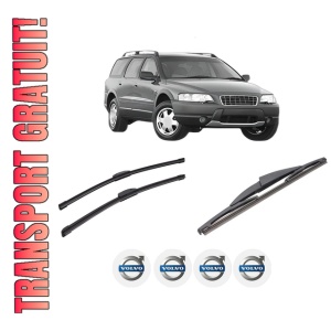 Set 3 stergatoare VOLVO XC70 I Cross Country (295) din 1997-2007, pentru parbriz si luneta fata si spate auto, Bosch Twin-Aerotwin Retrofit, din cauciuc siliconat rezistent, 4 Stickere Auto VOLVO