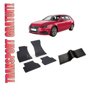 Set 5 covorase AUDI A4 B9 din 11.2015-PREZENT, cu covoras tunel median, CAROSERIE COMBI, Presuri cauciuc 100%, compatibil cu autoturismul AUDI A4 B9, Rigum