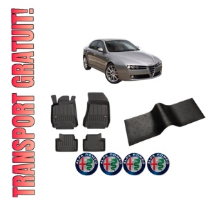 Set 5 covorase auto ALFA ROMEO 159 (939_) din 2010-2018, cu covoras tunel median, presuri auto din cauciuc, 4x Stickere auto cu ALFA ROMEO