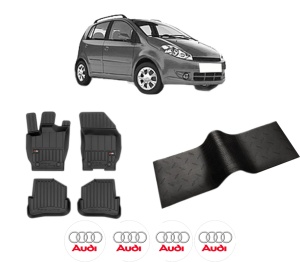 Set 5 covorase auto AUDI A1 din 2014-2018, cu covoras tunel median, presuri auto din cauciuc, 4x Stickere auto cu AUDI - Img 2