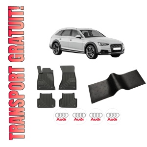 Set 5 covorase auto AUDI A4 Allroad B9 (8WH, 8WJ) din 2015-2020, cu covoras tunel median, presuri auto din cauciuc, 4x Stickere auto cu AUDI