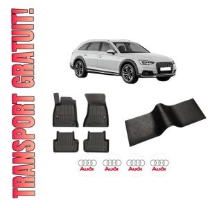 Set 5 covorase auto AUDI A4 Allroad B9 (8WH, 8WJ) din 2015-2020, cu covoras tunel median, presuri auto din cauciuc, 4x Stickere auto cu AUDI