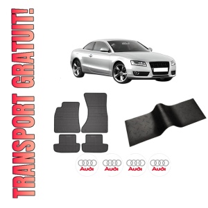 Set 5 covorase auto AUDI A5 (8T3) din 2011-2018, cu covoras tunel median, presuri auto din cauciuc, 4x Stickere auto cu AUDI