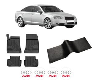 Set 5 covorase auto AUDI A6 C6 (4F2) din 2008-2017, cu covoras tunel median, presuri auto din cauciuc, 4x Stickere auto cu AUDI - Img 2