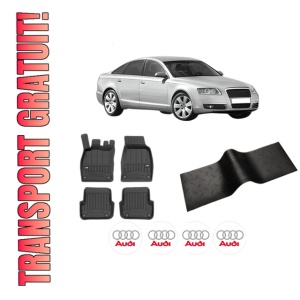 Set 5 covorase auto AUDI A6 C6 (4F2) din 2008-2017, cu covoras tunel median, presuri auto din cauciuc, 4x Stickere auto cu AUDI