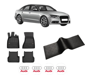 Set 5 covorase auto AUDI A6 C7 (4G2, 4GC) din 2015-2022, cu covoras tunel median, presuri auto din cauciuc, 4x Stickere auto cu AUDI - Img 2