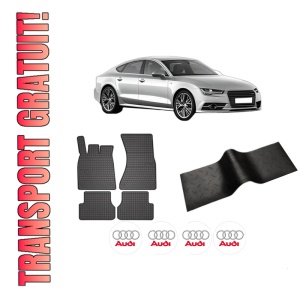 Set 5 covorase auto AUDI A7 Sportback (4GA, 4GF) din 2016-2022, cu covoras tunel median, presuri auto din cauciuc, 4x Stickere auto cu AUDI