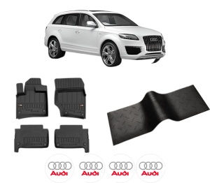 Set 5 covorase auto AUDI Q7 (4LB) din 2004-2008, cu covoras tunel median, presuri auto din cauciuc, 4x Stickere auto cu AUDI - Img 2