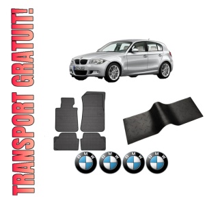 Set 5 covorase auto BMW Seria 1 (E87) din 2004-2011, cu covoras tunel median, presuri auto din cauciuc, 4x Stickere auto cu BMW