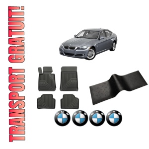 Set 5 covorase auto BMW Seria 3 (E90) din 1998-2010, cu covoras tunel median, presuri auto din cauciuc, 4x Stickere auto cu BMW