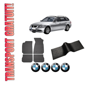 Set 5 covorase auto BMW Seria 3 Touring (E91) din 2008-2018, cu covoras tunel median, presuri auto din cauciuc, 4x Stickere auto cu BMW