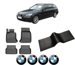 Set 5 covorase auto BMW Seria 5 Touring (E61) din 2008-2015, cu covoras tunel median, presuri auto din cauciuc, 4x Stickere auto cu BMW - Img 2