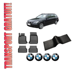 Set 5 covorase auto BMW Seria 5 Touring (E61) din 2008-2015, cu covoras tunel median, presuri auto din cauciuc, 4x Stickere auto cu BMW